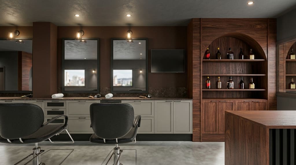 Barbearia com marcenaria escura, painéis curvos e iluminação cênica, projeto comercial da Casa Italínea