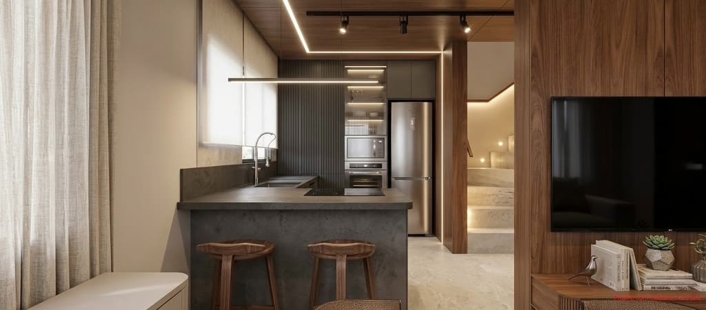Cozinha compacta integrada ao home theater, com bancada em pedra, marcenaria amadeirada e teto ripado iluminado