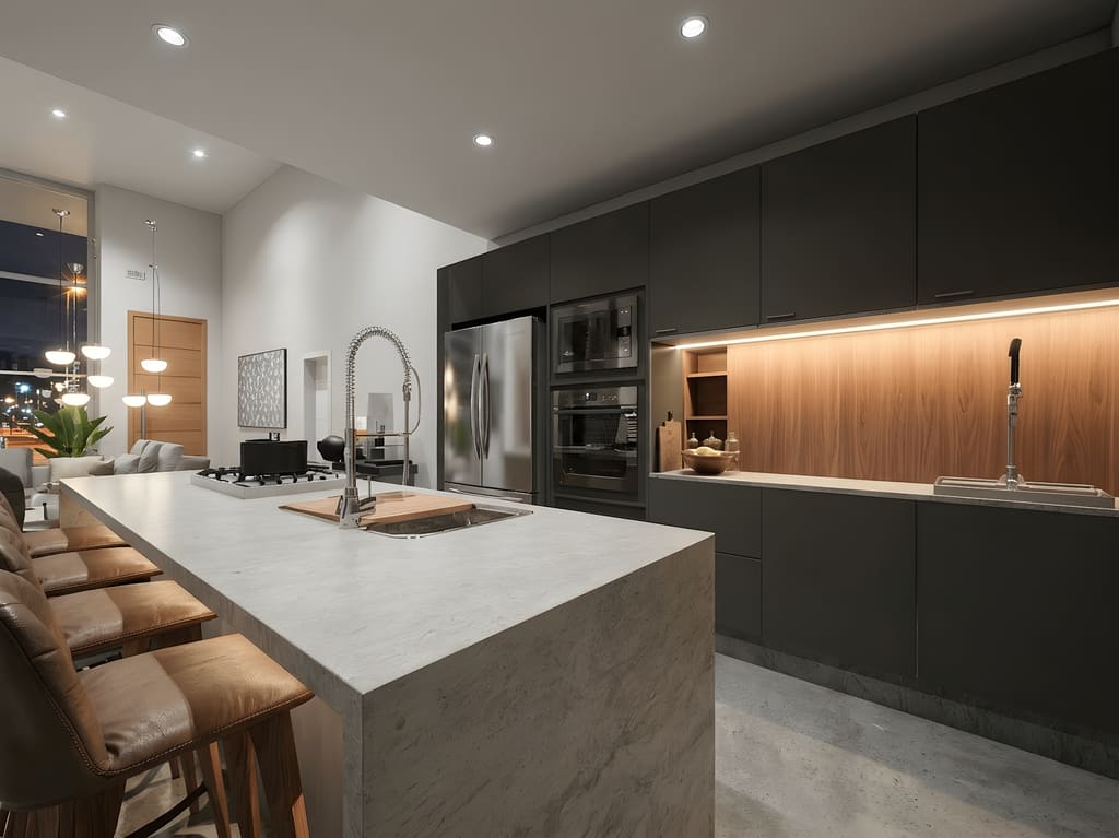 Cozinha planejada com ilha em pedra natural, marcenaria grafite fosca e backsplash amadeirado com iluminação embutida