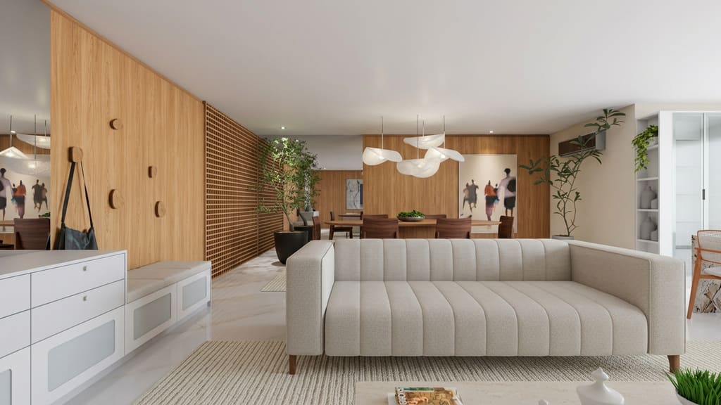 Living integrado com marcenaria planejada em painéis de madeira, projeto da Casa Italínea em Curitiba