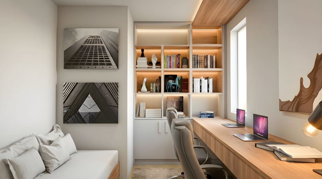 Home office planejado com bancada de trabalho contínua, estante com nichos iluminados e marcenaria laqueada em madeira clara e branco